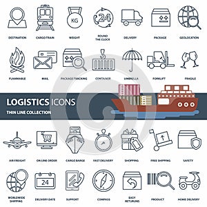 Logistics, product transportation and delivery icon set. Outline web icon set
