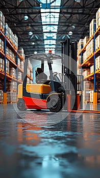 Logistics prowess Forklift efficiently loads pallets and boxes in warehouse