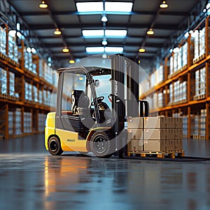 Logistics prowess Forklift efficiently loads pallets and boxes in warehouse