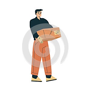 Logistics Service Man Worker Character Carry Carton Container Vector Illustration