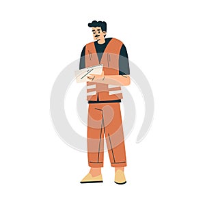 Logistics Service Mustached Man Worker Character with Tablet Vector Illustration