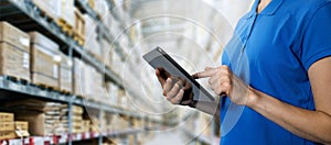 logistics service, warehouse management and inventory concept - female worker using digital tablet in warehouse