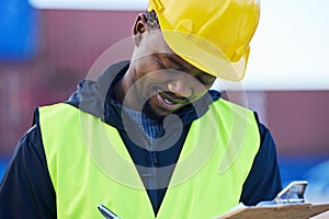 Logistics, shipping and checklist by black man engineer writing delivery inspection report for control of cargo