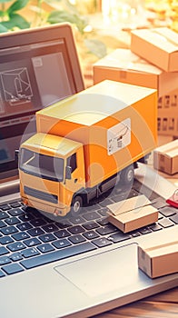 Logistics and shopping service truck, parcels, and laptop keyboard