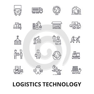 Logistics technology, transport, supply chain, delivery system, warehouse, cargo line icons. Editable strokes. Flat