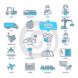 Logistics thin line icons, pictogram and symbol set. Delivery, transportation.