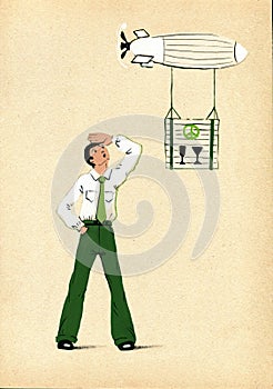 Logistics. Transportation of cargo by airships. Businessman is watching the airship. Illustration on tinted craft paper