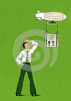 Logistics. Transportation of cargo by airships. Businessman is watching the airship. Illustration on tinted green paper