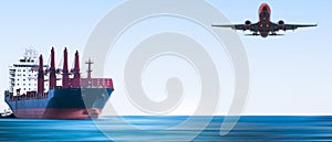 Logistics and transportation of container cargo ship and cargo plane, clear sky and motion blur blue sea, panorama for background
