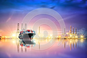 Logistics and transportation of Container Cargo ship and Cargo plane with working crane bridge in harbor at Twilight sky, logistic