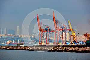 Logistics and transportation of Container Cargo ship and Cargo plane with working crane bridge in shipyard, logistic