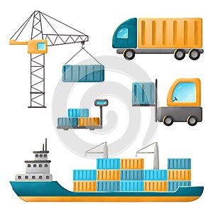 Logistics and transportation of a container cargo ship, truck