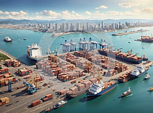Logistics and transportation of container cargo ships from all over the world to harbor,