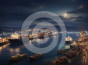 Logistics and transportation of container cargo ships from all over the world to harbor at night