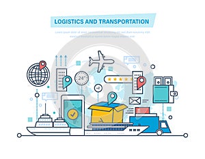 Logistics, transportation. Delivery air, train, ship, road transport, manual delivery.