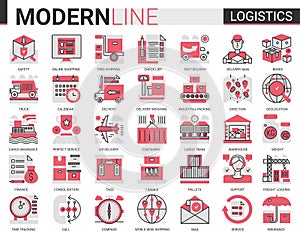 Logistics transportation, delivery service complex flat line icon vector illustration set. Red black delivering symbols