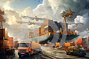 Logistics and transportation of goods by sea. Cargo freight train, ship, truck, container and crane. Freight transportation and