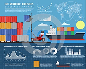 Logistics and transportation infographic with container, crane ship and infographic elements.