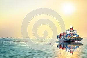 Logistics and transportation of International Container Cargo ship in the ocean at sea sunset time, Freight Transportation,