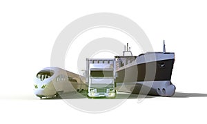 Logistics and transportation truck,Boat,High speed train,isolate on Background