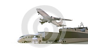 Logistics and transportation truck ,High speed train, Boat in freight cargo plane on isolate Background