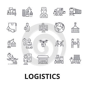 Logistics, transportation, warehouse, supply chain, truck, distribution, ship line icons. Editable strokes. Flat design