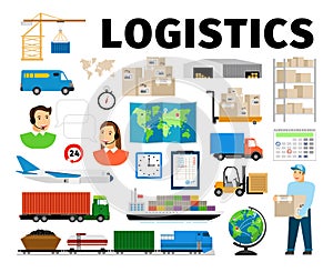 Logistics vector elements isolated on white background. Worker and transport, warehouse distribution work fulfillment