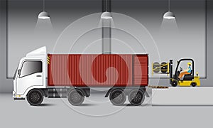 Logistics warehouse and loading dock, rubber wheels transportation and supply, Industrial scene