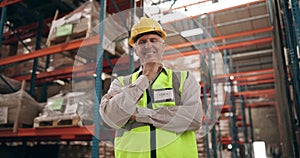 Logistics, warehouse and portrait of mature man with confidence for inventory, inspection or distribution. Smile, face