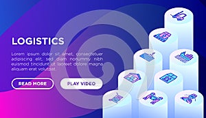 Logistics web page template with thin line isometric icons: forklift loader, conveyor belt, container, storage, cardboard box,