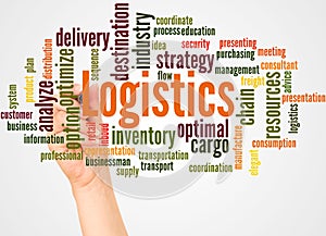 Logistics word cloud and hand with marker concept