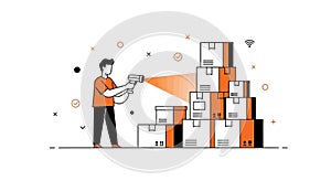 Logistics Worker Scanning Inventory Boxes with Barcode Reader Vector Illustration