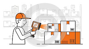 Logistics Worker Scanning Inventory Boxes with Barcode Reader Vector Illustration