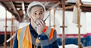 Logistics worker, walkie talkie and man on a construction site working on a building project. Architecture