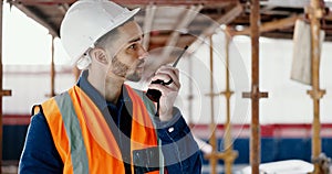 Logistics worker, walkie talkie and man on a construction site working on a building project. Architecture