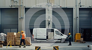 Logistics workers unloading white van at industrial warehouse loading dock