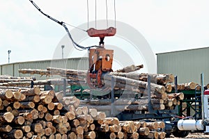 Loglift crane offloading log truck