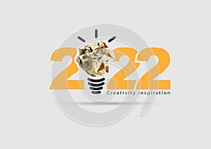 Logo 2022 new year Creativity inspiration, With crumpled paper ball light bulb ideas concept
