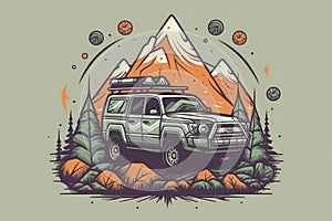 Logo of a 4x4 vehicle in the mountains.