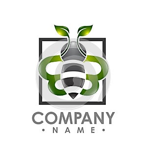 logo abstract bee flying with green leaf wing inside aquare shape