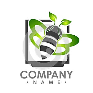 logo abstract bee flying with green leaf wing inside aquare shape