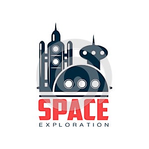 Logo with abstract image of cosmic station. Space shuttle launch. Emblem in dark blue color. Flat vector design for