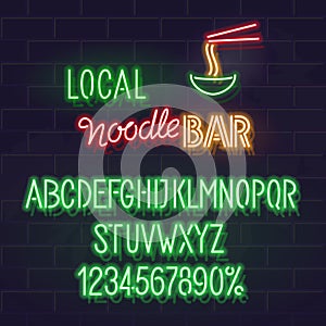 Logo or advertisement template for local noodle bar. Isolated neon alphabet, handwritter typography, tiny icon on brick photo