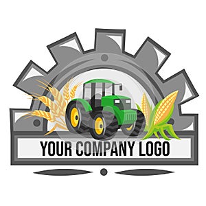 Logo for agriculture company. Green tractor with wheat and corn inside half of cogwheel - vector image