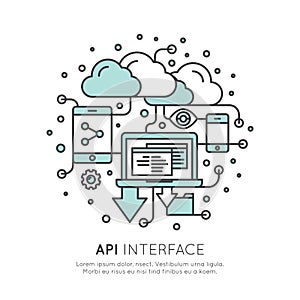 Logo of API Application Programming Interface with Laptop, Pencil, Cloud Data