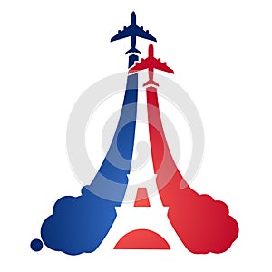 Logo as a tourist flying aircraft, with a silhouette of the Eiffel tower and the symbolism of the French flag