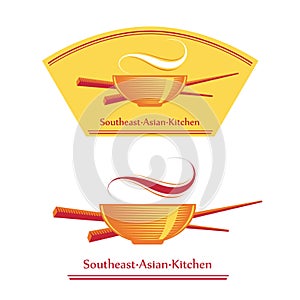 Logo for Asian cuisine. Bowl and chopsticks with steam. Asuan food sign. photo