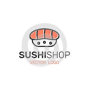 Logo of Asian Street Fast Food Bar or Shop, Sushi, Maki, Onigiri Salmon Roll with Chopsticks