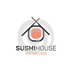 Logo of Asian Street Fast Food Bar or Shop, Sushi, Maki, Onigiri Salmon Roll with Chopsticks