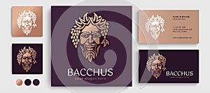Logo Bacchus or Dionysus. Man face logo with grape berries and leaves. A style for winemakers or brewers. Sign for bar and